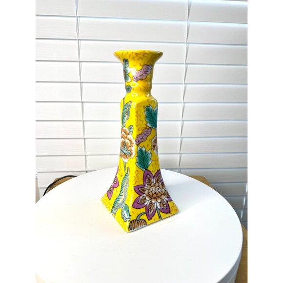 Vintage Chinese Porcelain Candlestick Holder Yellow Floral - Picture 8 of 8